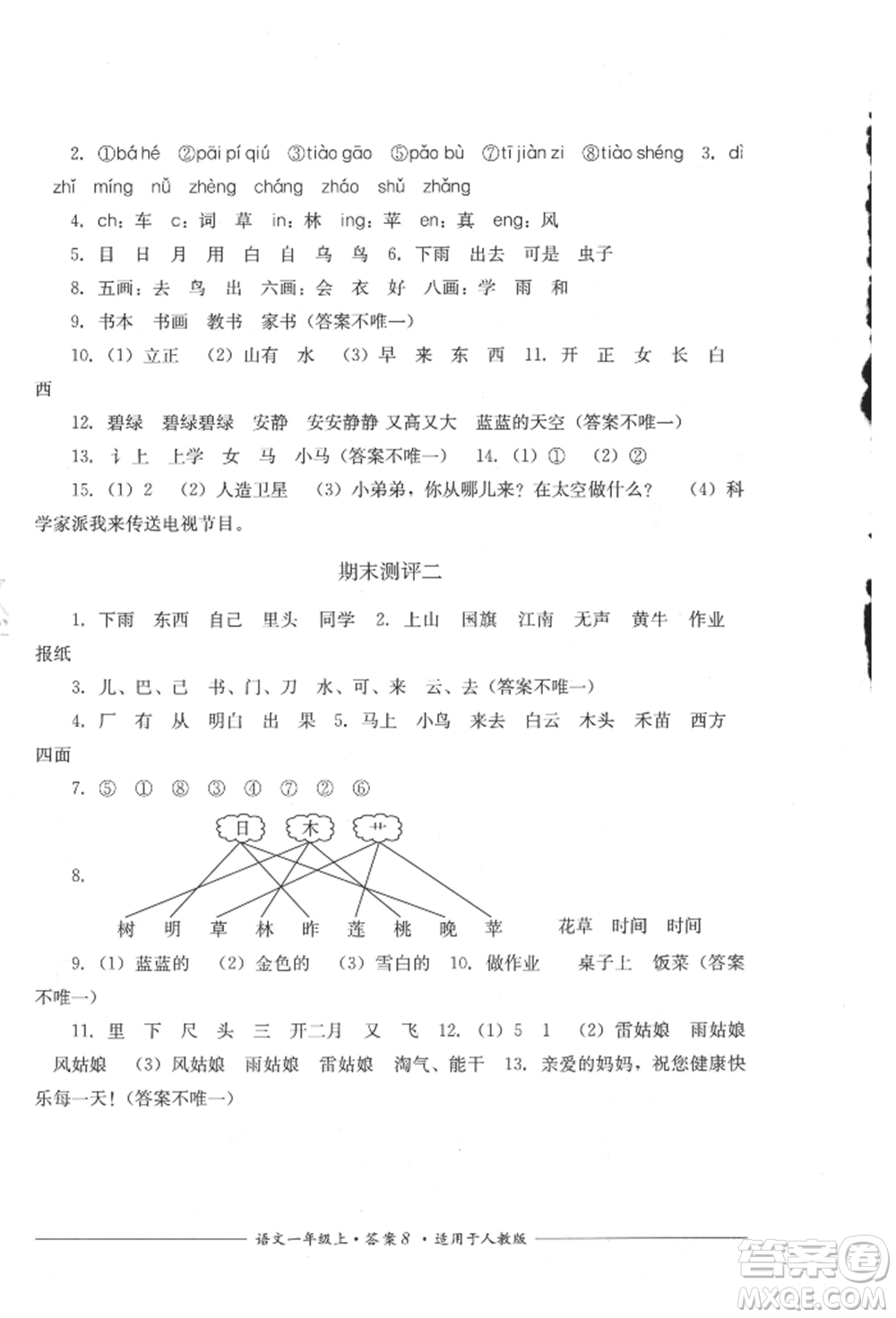 四川教育出版社2021單元測(cè)評(píng)一年級(jí)語(yǔ)文上冊(cè)人教版參考答案