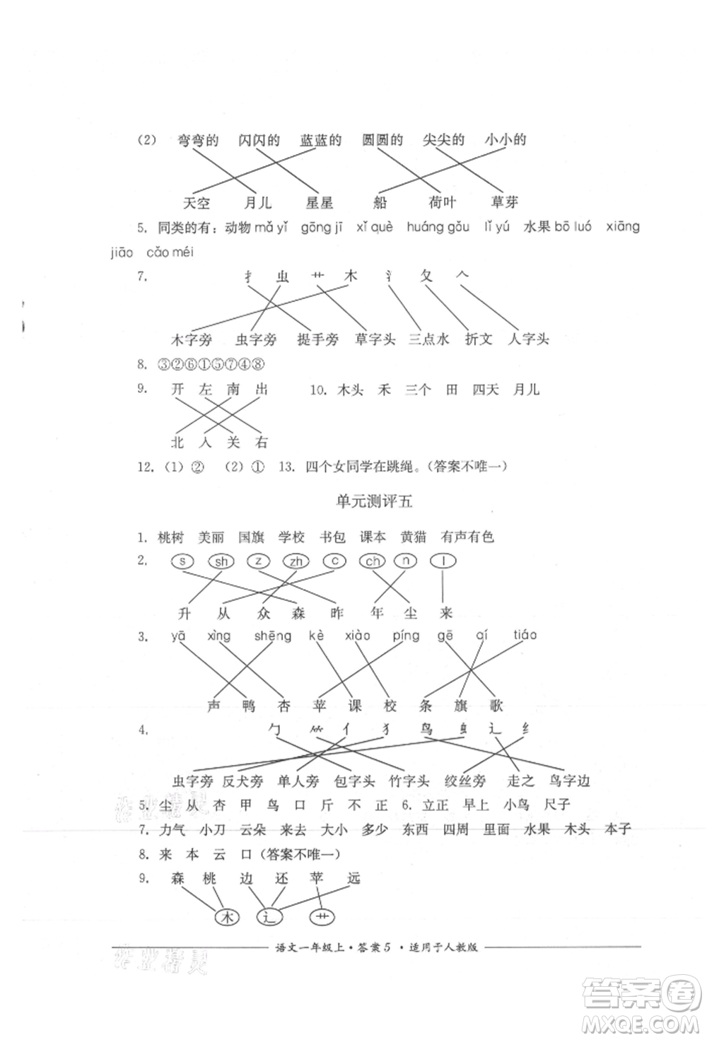 四川教育出版社2021單元測(cè)評(píng)一年級(jí)語(yǔ)文上冊(cè)人教版參考答案