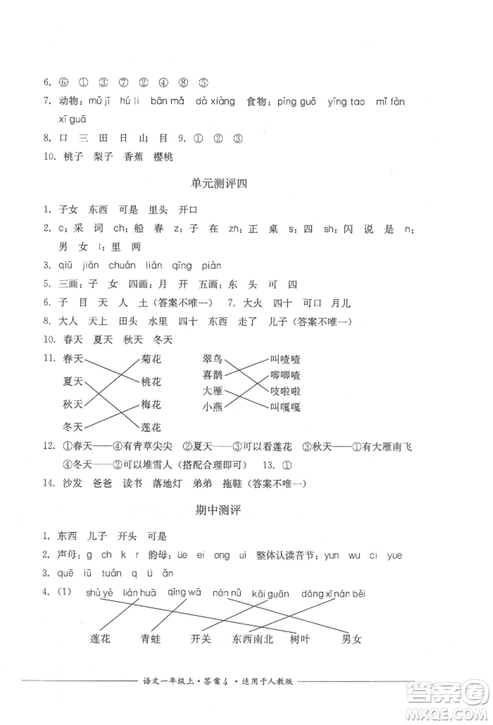 四川教育出版社2021單元測(cè)評(píng)一年級(jí)語(yǔ)文上冊(cè)人教版參考答案