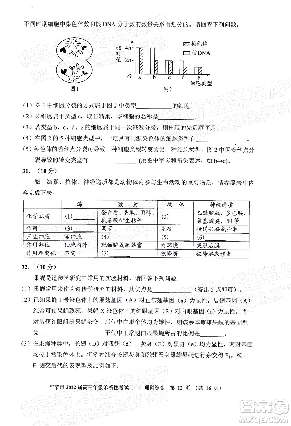 畢節(jié)市2022屆高三年級(jí)診斷性考試一理科綜合試題及答案