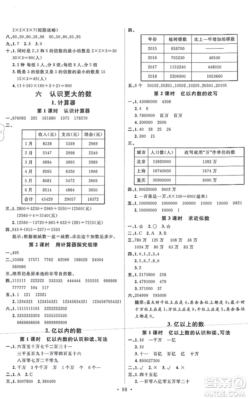 延邊教育出版社2021每時每刻快樂優(yōu)+作業(yè)本四年級數(shù)學(xué)上冊JJ冀教版答案