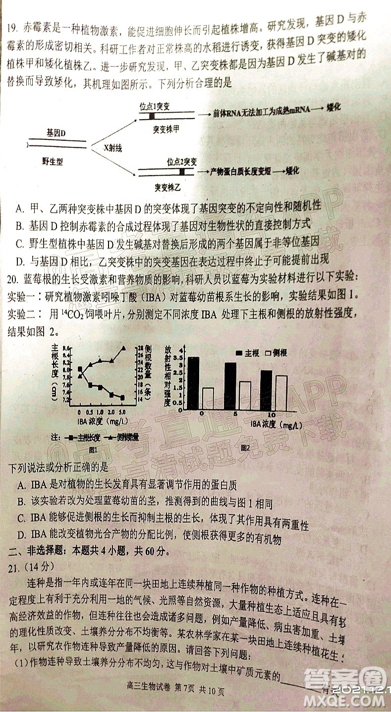 騰云聯(lián)盟2021-2022學(xué)年度上學(xué)期高三12月聯(lián)考生物試題及答案