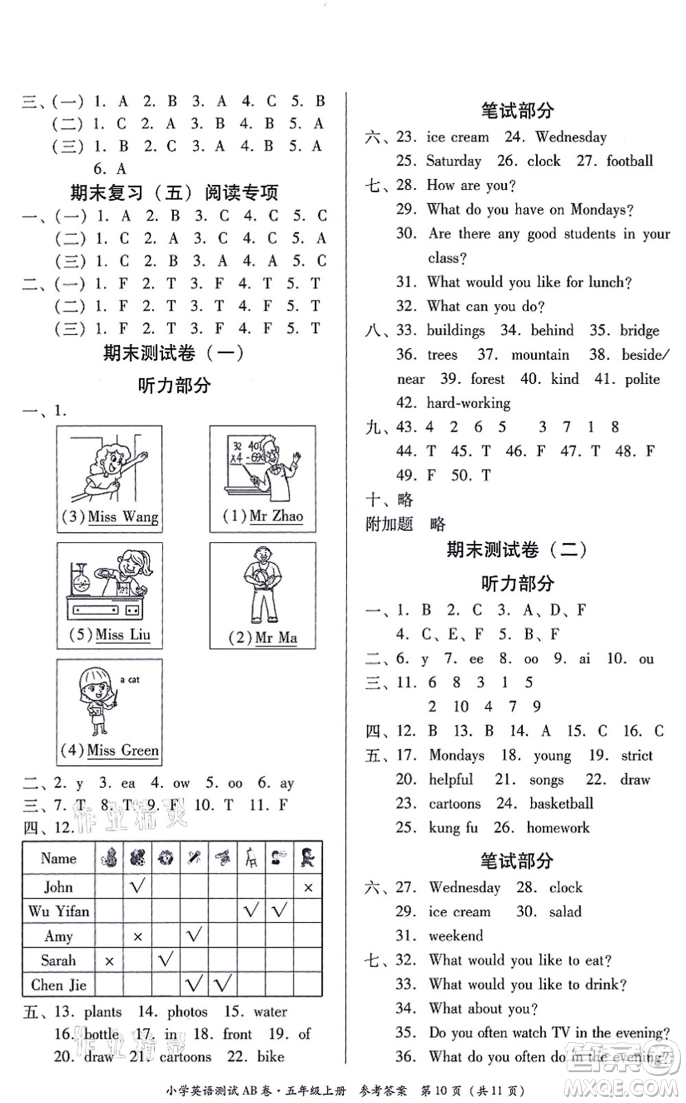 華南理工大學出版社2021小學英語測試AB卷五年級上冊RJ人教版佛山專版答案