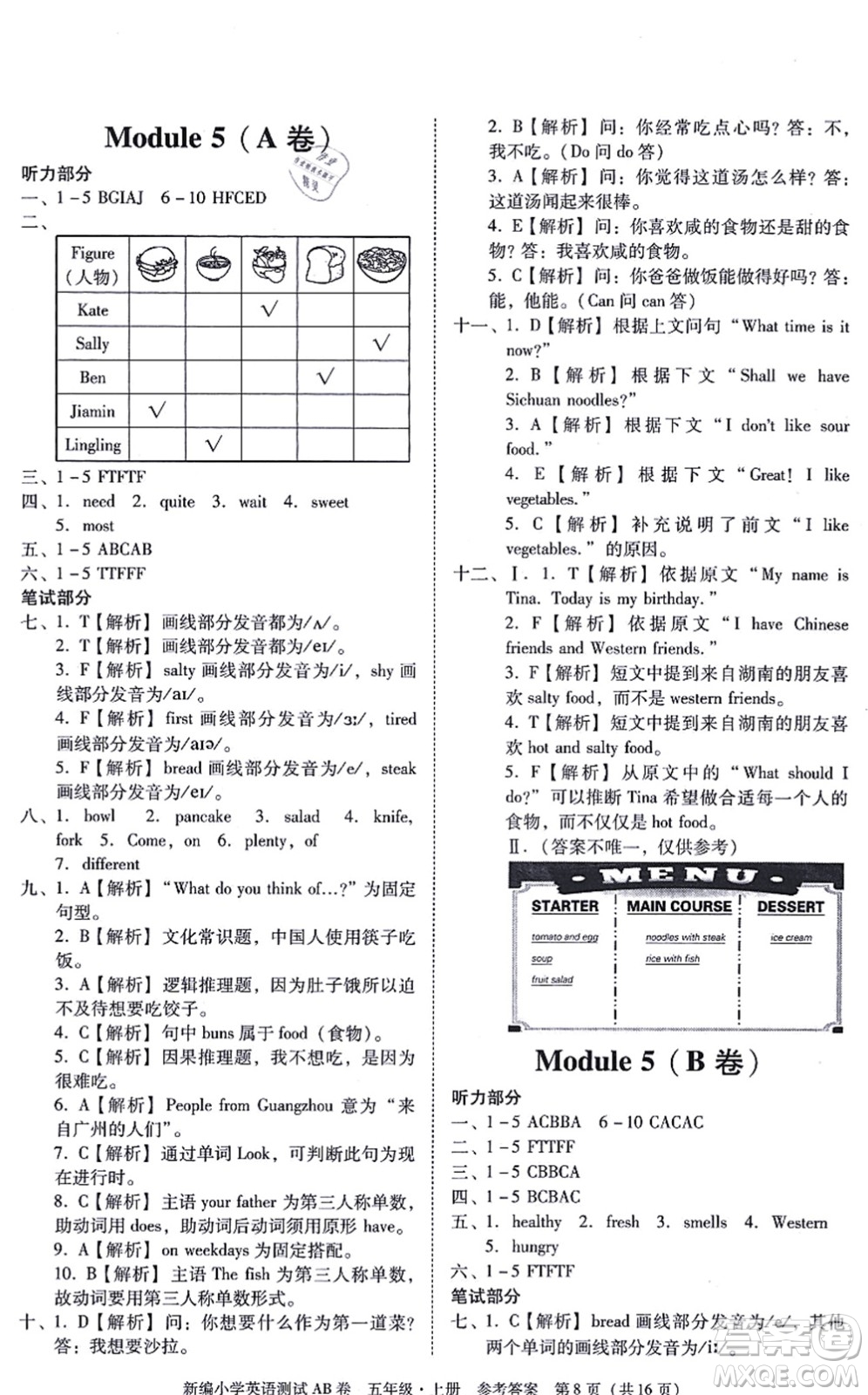 華南理工大學(xué)出版社2021小學(xué)英語(yǔ)測(cè)試AB卷五年級(jí)上冊(cè)RJ人教版廣州專版答案