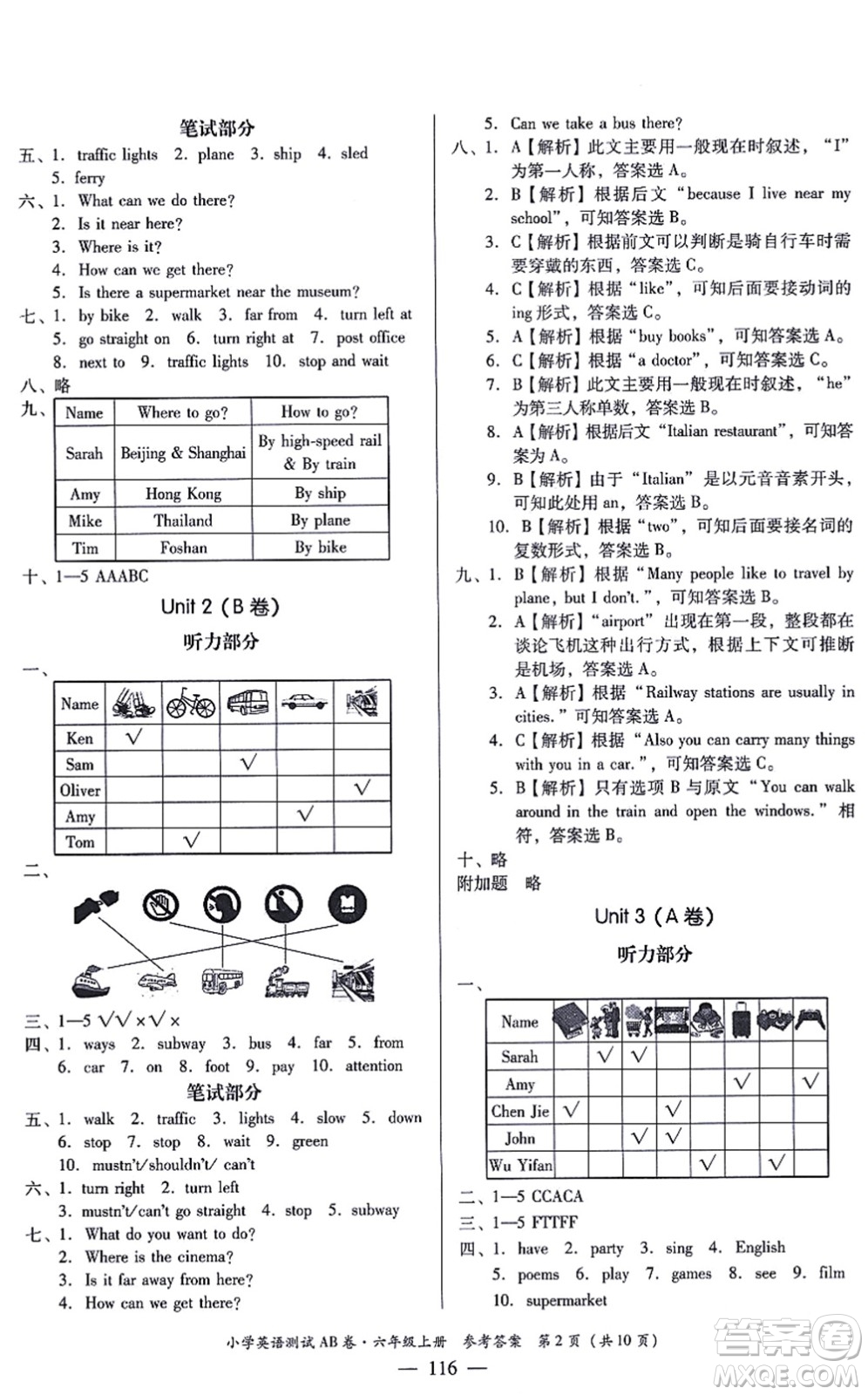 華南理工大學(xué)出版社2021小學(xué)英語(yǔ)測(cè)試AB卷六年級(jí)上冊(cè)RJ人教版佛山專版答案