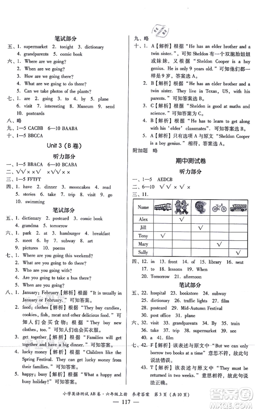 華南理工大學(xué)出版社2021小學(xué)英語(yǔ)測(cè)試AB卷六年級(jí)上冊(cè)RJ人教版佛山專版答案