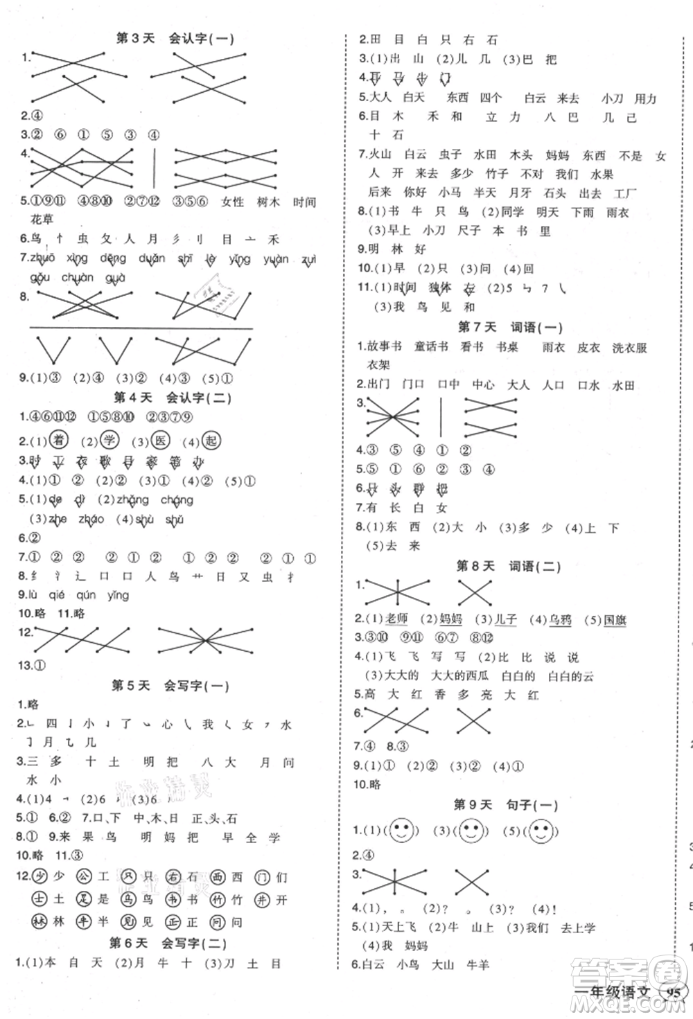 西安出版社2021狀元成才路狀元作業(yè)本一年級(jí)語文上冊(cè)人教版參考答案