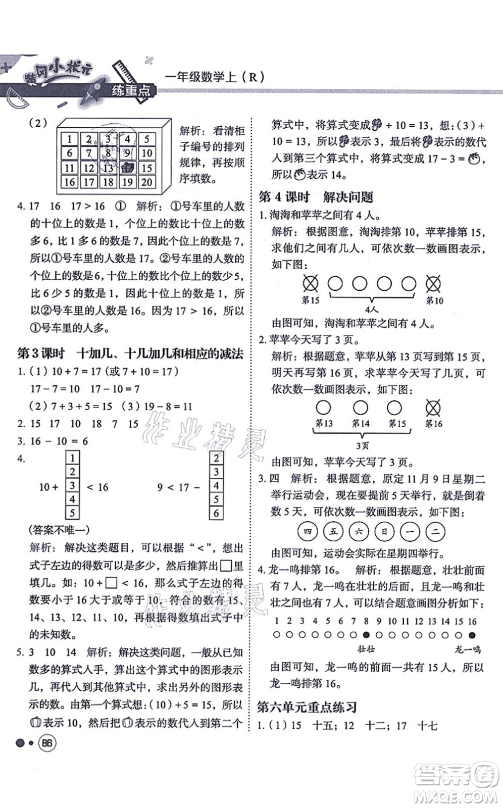 龍門書局2021黃岡小狀元練重點培優(yōu)同步練習一年級數(shù)學上冊R人教版答案