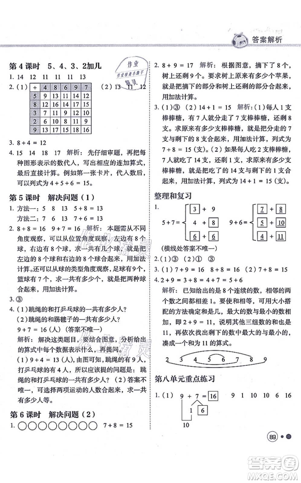 龍門書局2021黃岡小狀元練重點培優(yōu)同步練習一年級數(shù)學上冊R人教版答案