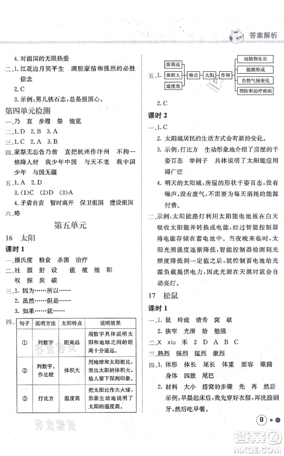 龍門書局2021黃岡小狀元練重點(diǎn)培優(yōu)同步練習(xí)五年級語文上冊R人教版答案