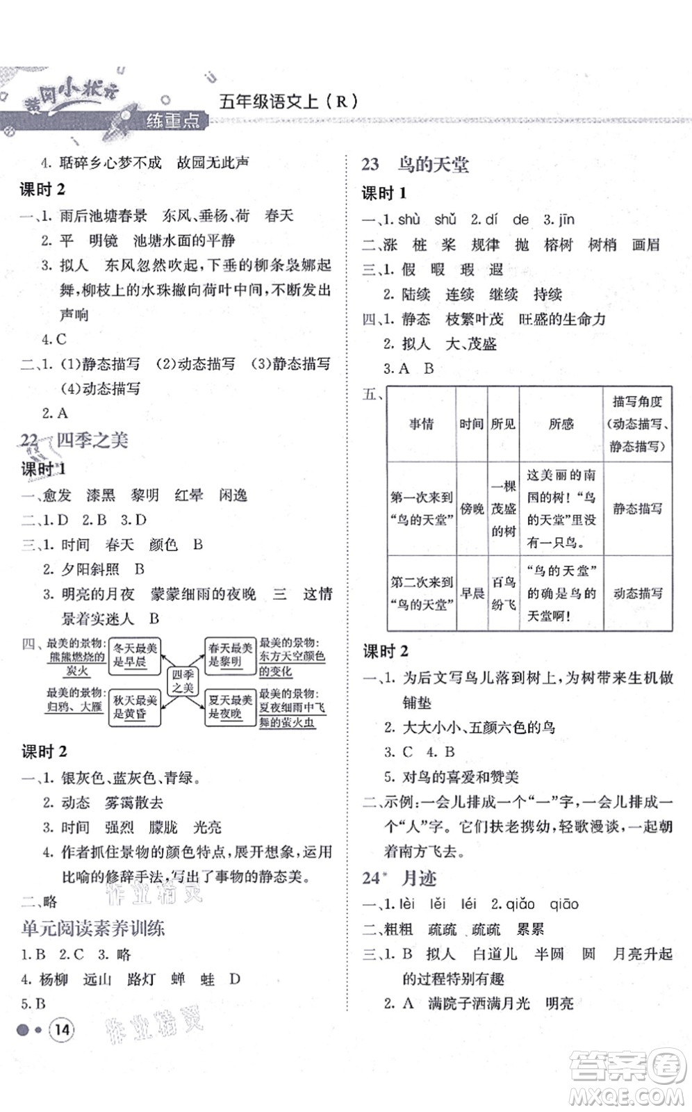 龍門書局2021黃岡小狀元練重點(diǎn)培優(yōu)同步練習(xí)五年級語文上冊R人教版答案