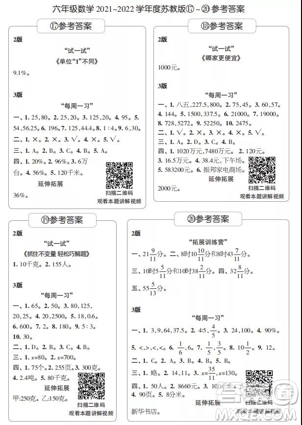 2021年時(shí)代學(xué)習(xí)報(bào)六年級(jí)上數(shù)學(xué)蘇教版17-20期參考答案