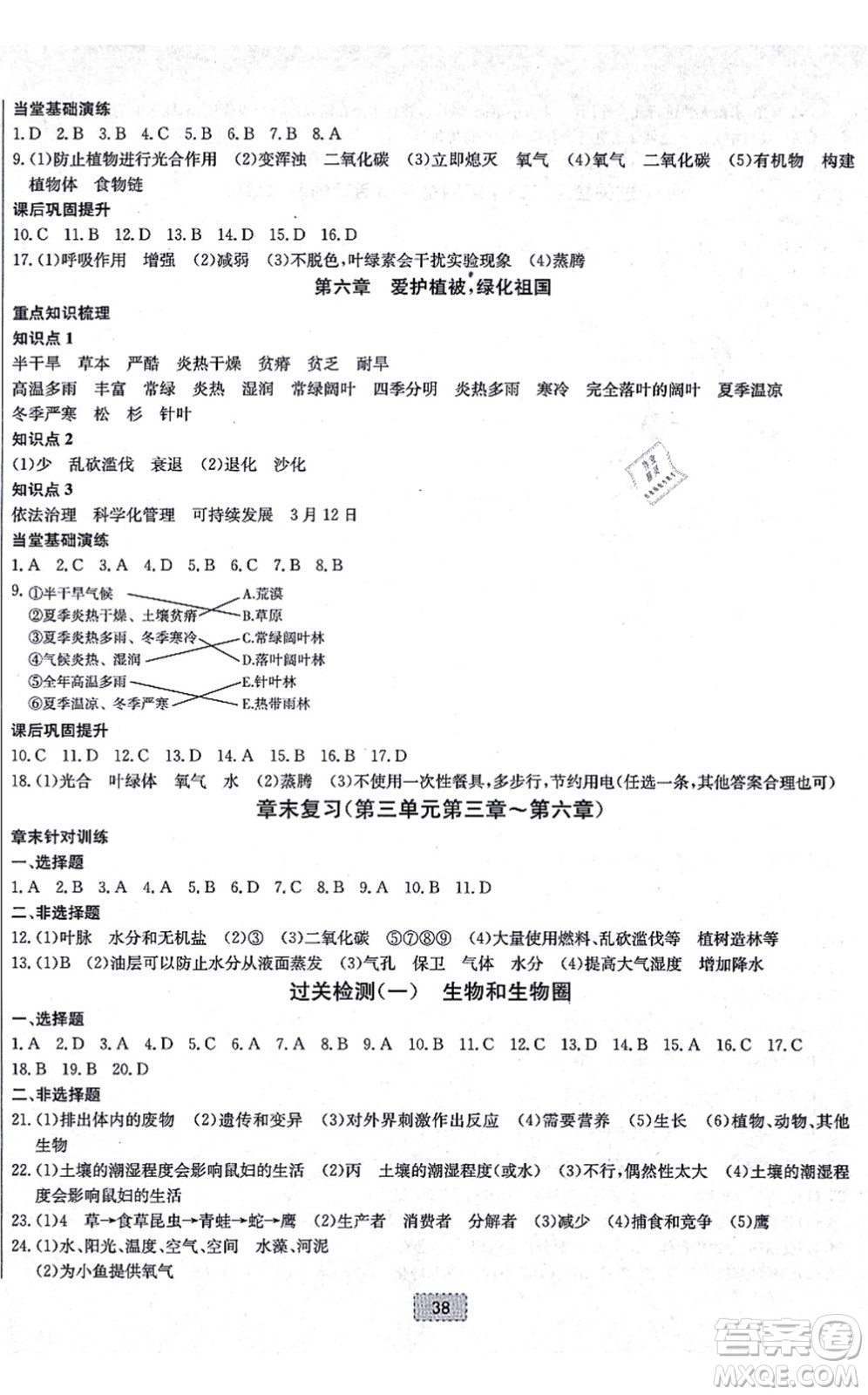 遼寧少年兒童出版社2021練重點(diǎn)七年級(jí)生物上冊(cè)RJ人教版河南專(zhuān)版答案