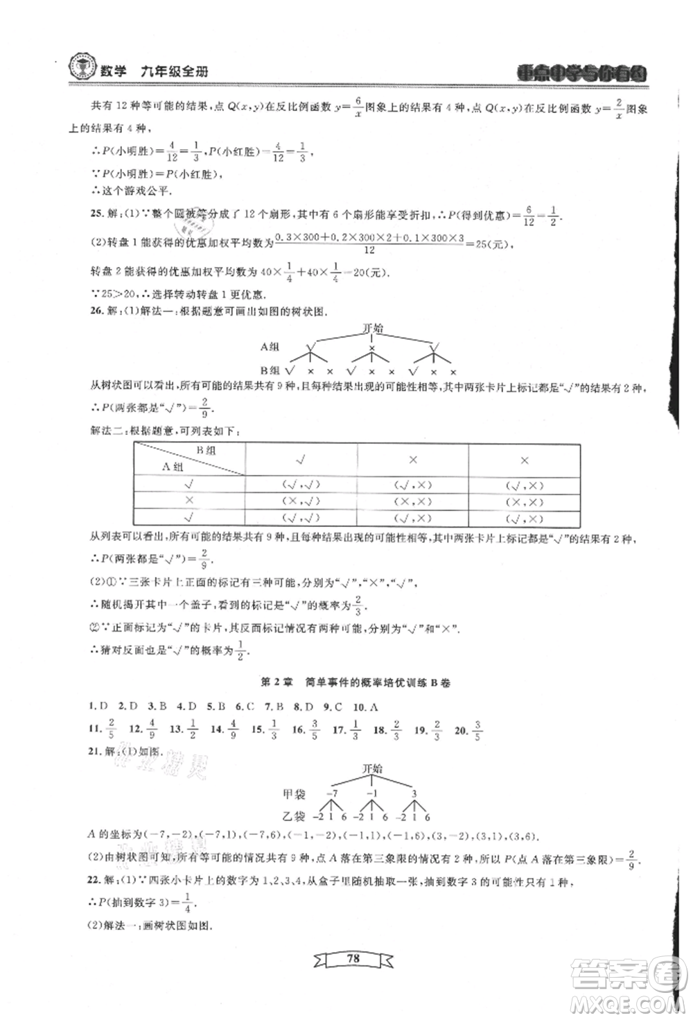 天津科學(xué)技術(shù)出版社2021重點中學(xué)與你有約九年級數(shù)學(xué)浙教版參考答案