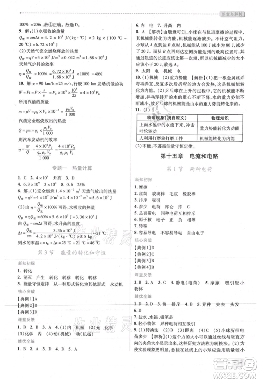 人民教育出版社2021新課標(biāo)教材同步導(dǎo)練九年級物理人教版參考答案