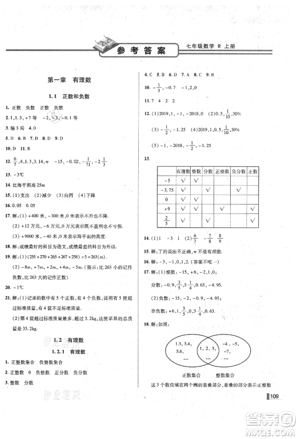 北方婦女兒童出版社2021勝券在握遼寧作業(yè)分層培優(yōu)學(xué)案七年級數(shù)學(xué)上冊人教版參考答案