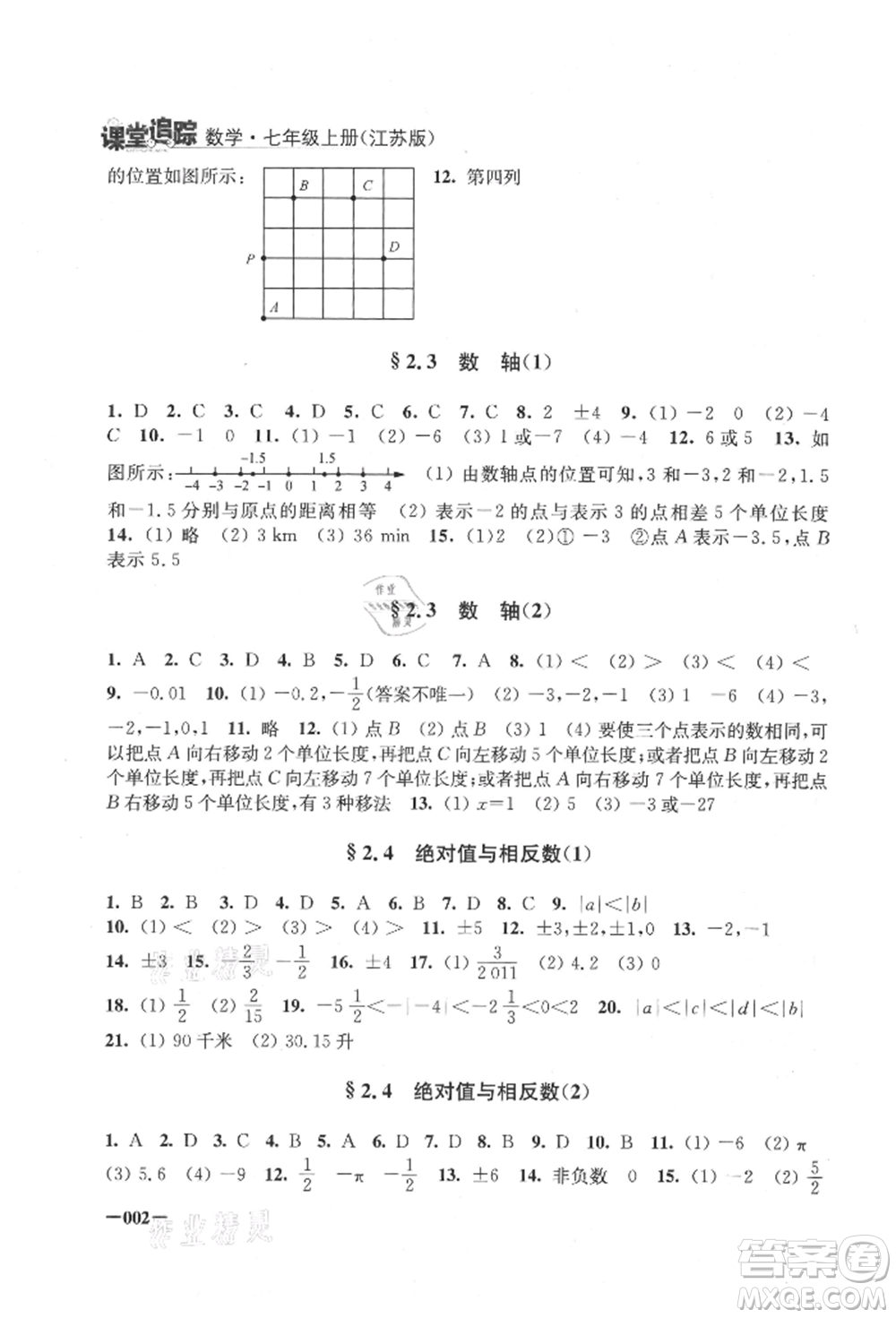 江蘇鳳凰美術(shù)出版社2021課堂追蹤七年級(jí)數(shù)學(xué)上冊(cè)蘇科版參考答案