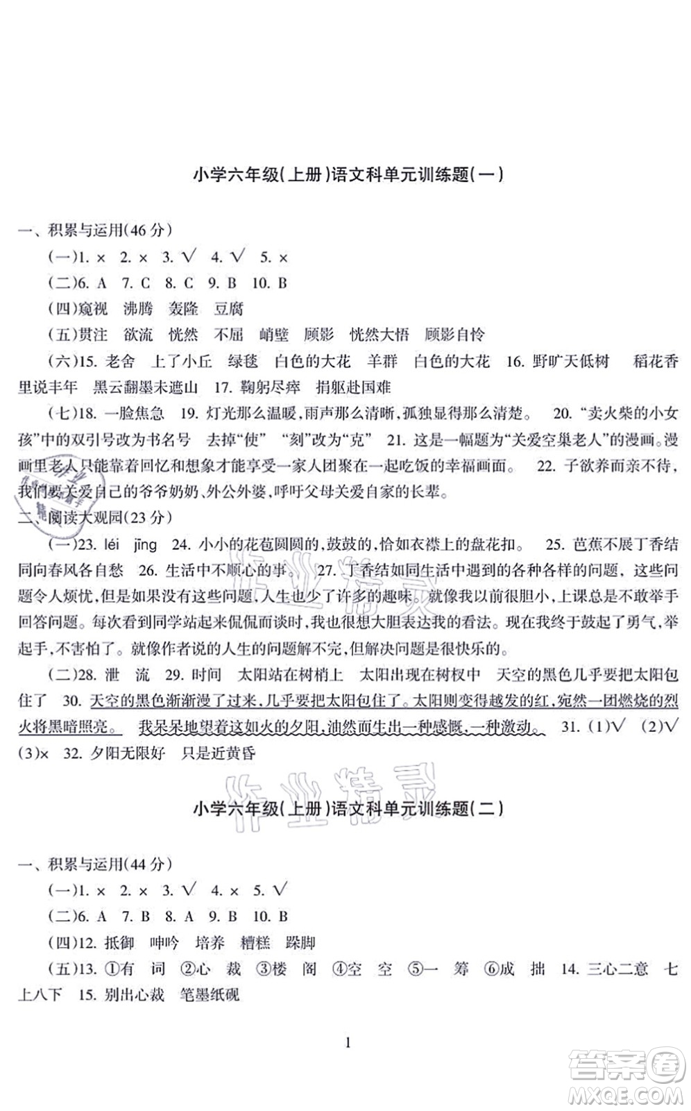 海南出版社2021金椰風新課程同步練六年級語文上冊RJ人教版答案