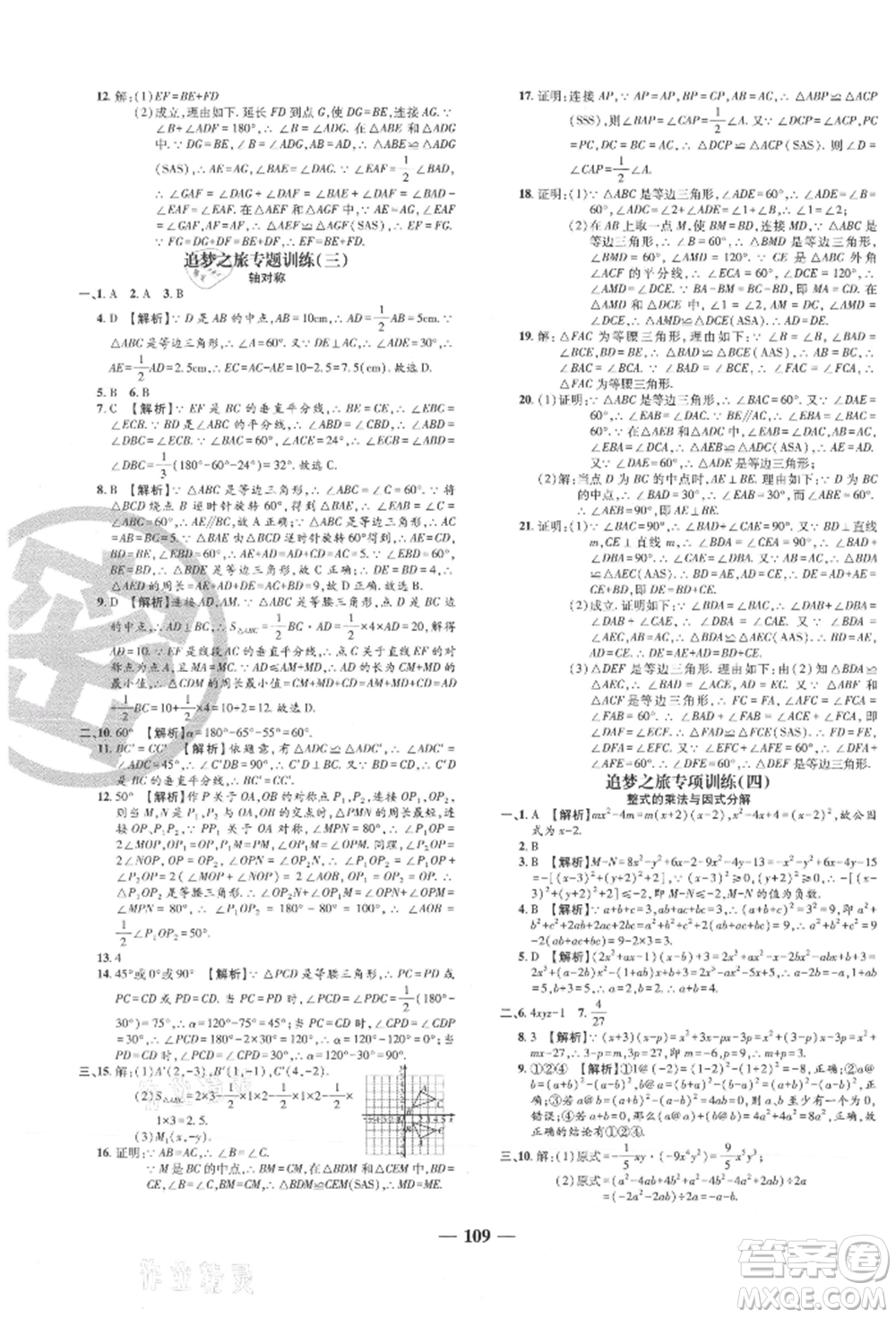 天津科學技術出版社2021追夢之旅鋪路卷八年級數(shù)學上冊人教版河南專版參考答案