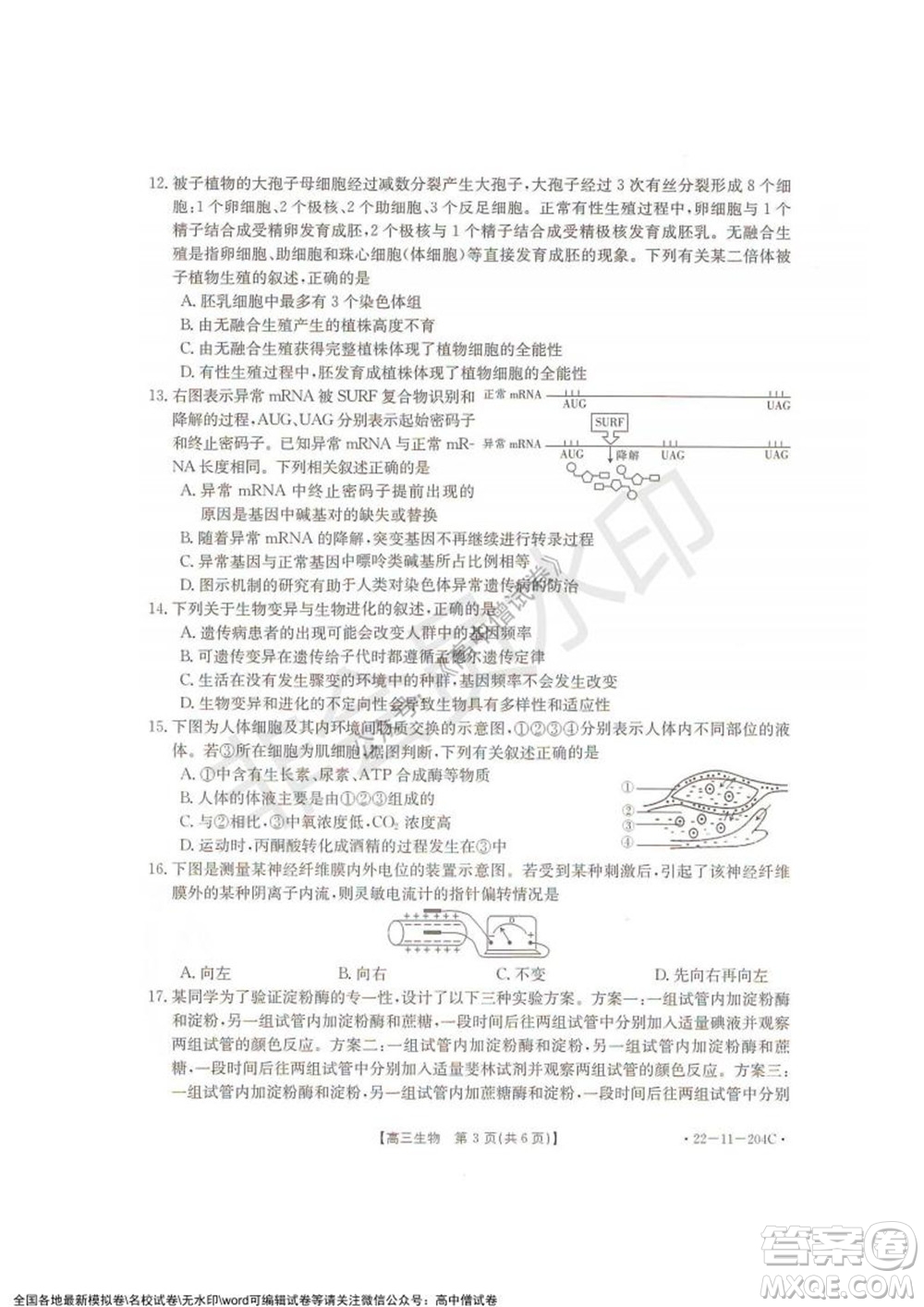 2022屆湖北金太陽(yáng)高三12月聯(lián)考生物試題及答案