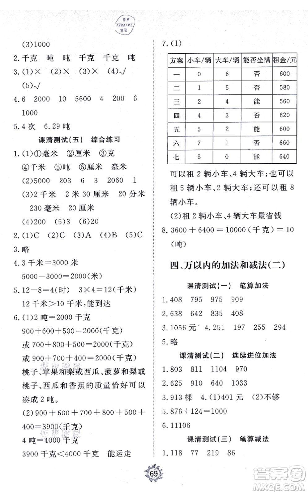 山東友誼出版社2021小學(xué)同步練習(xí)冊提優(yōu)測試卷三年級數(shù)學(xué)上冊RJ人教版答案