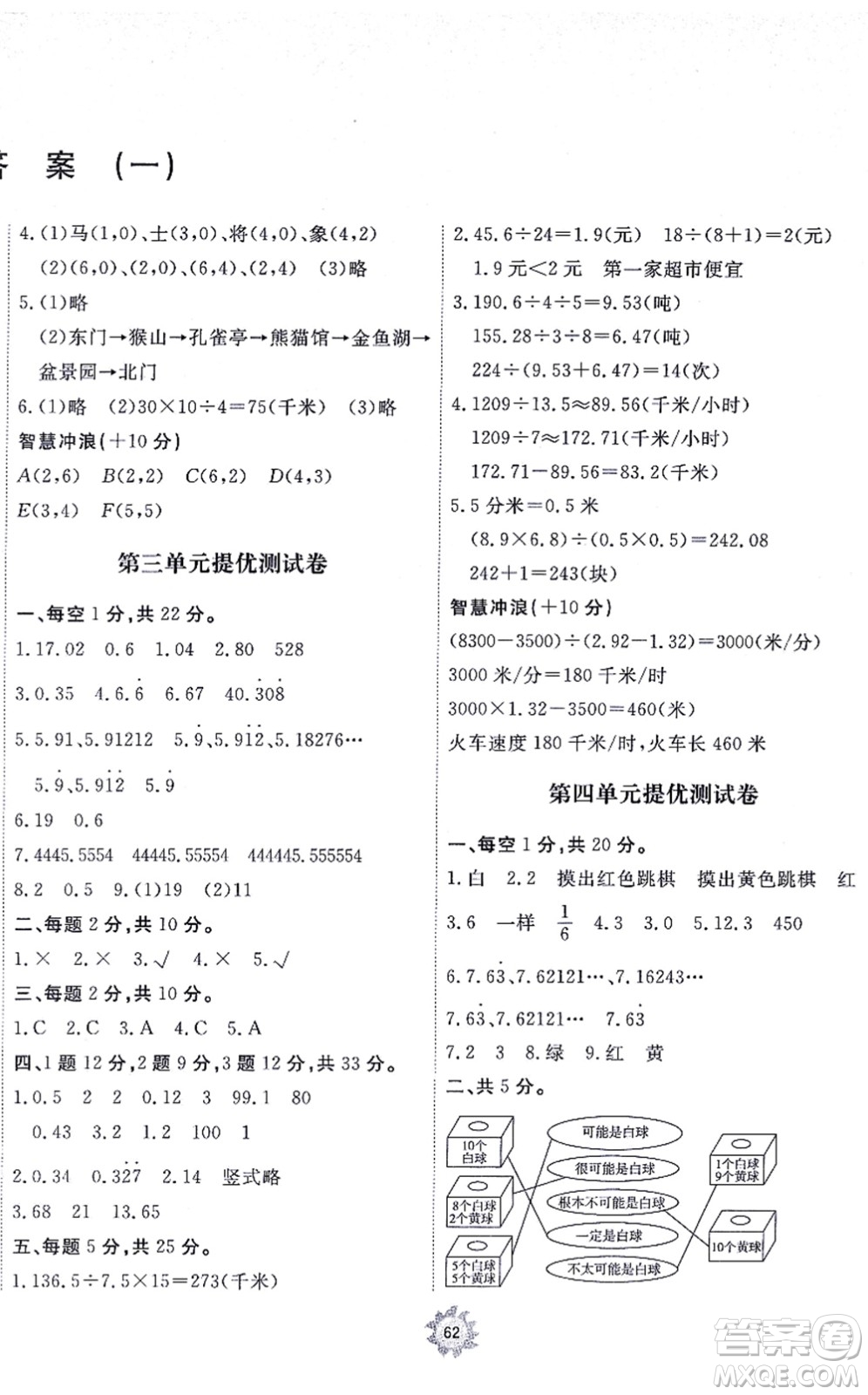 山東友誼出版社2021小學同步練習冊提優(yōu)測試卷五年級數(shù)學上冊RJ人教版答案