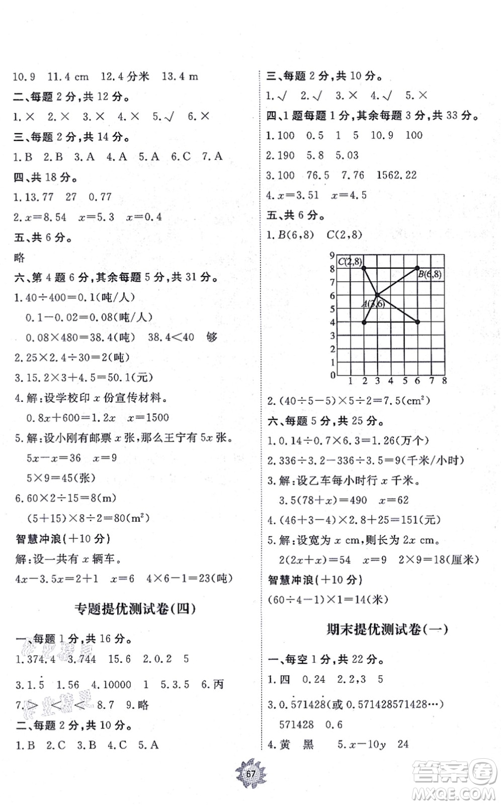 山東友誼出版社2021小學同步練習冊提優(yōu)測試卷五年級數(shù)學上冊RJ人教版答案