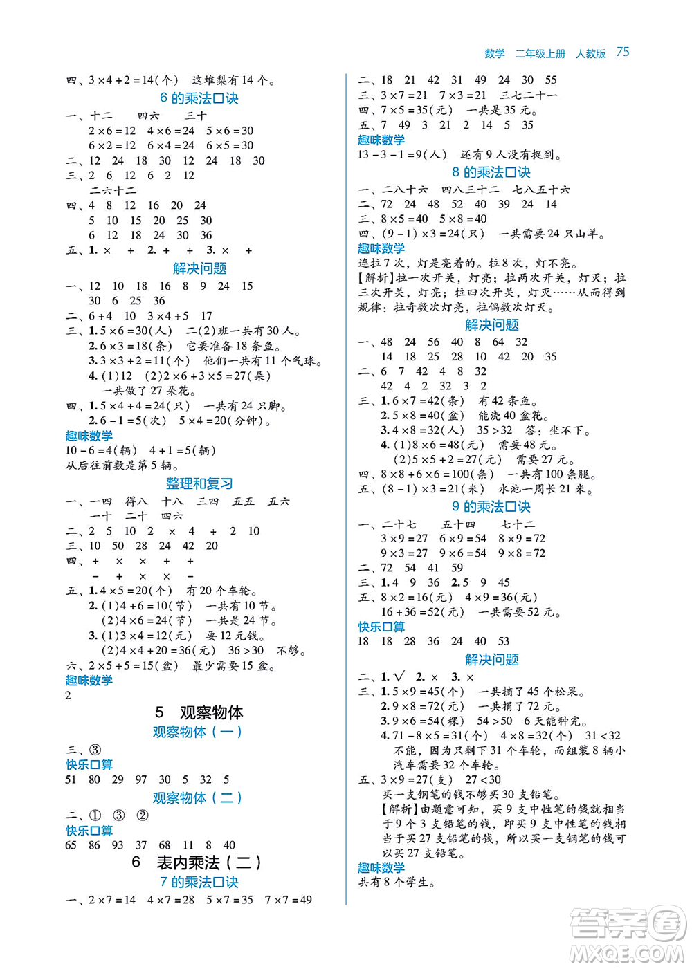 湖南教育出版社2021學(xué)法大視野二年級(jí)數(shù)學(xué)上冊(cè)人教版答案