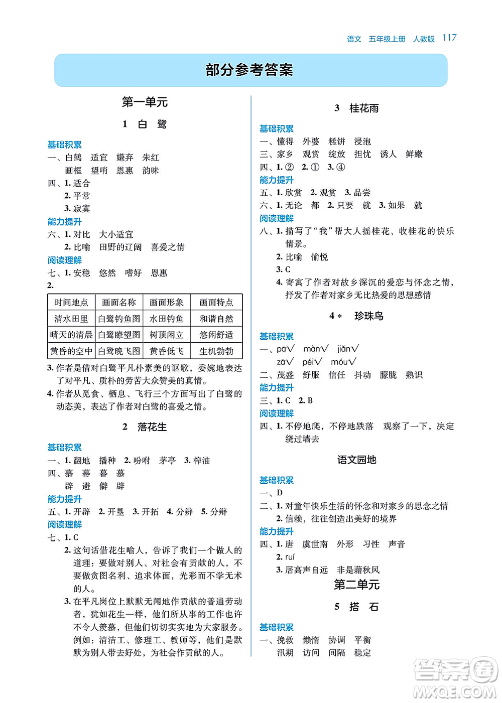 湖南教育出版社2021學(xué)法大視野五年級語文上冊人教版答案