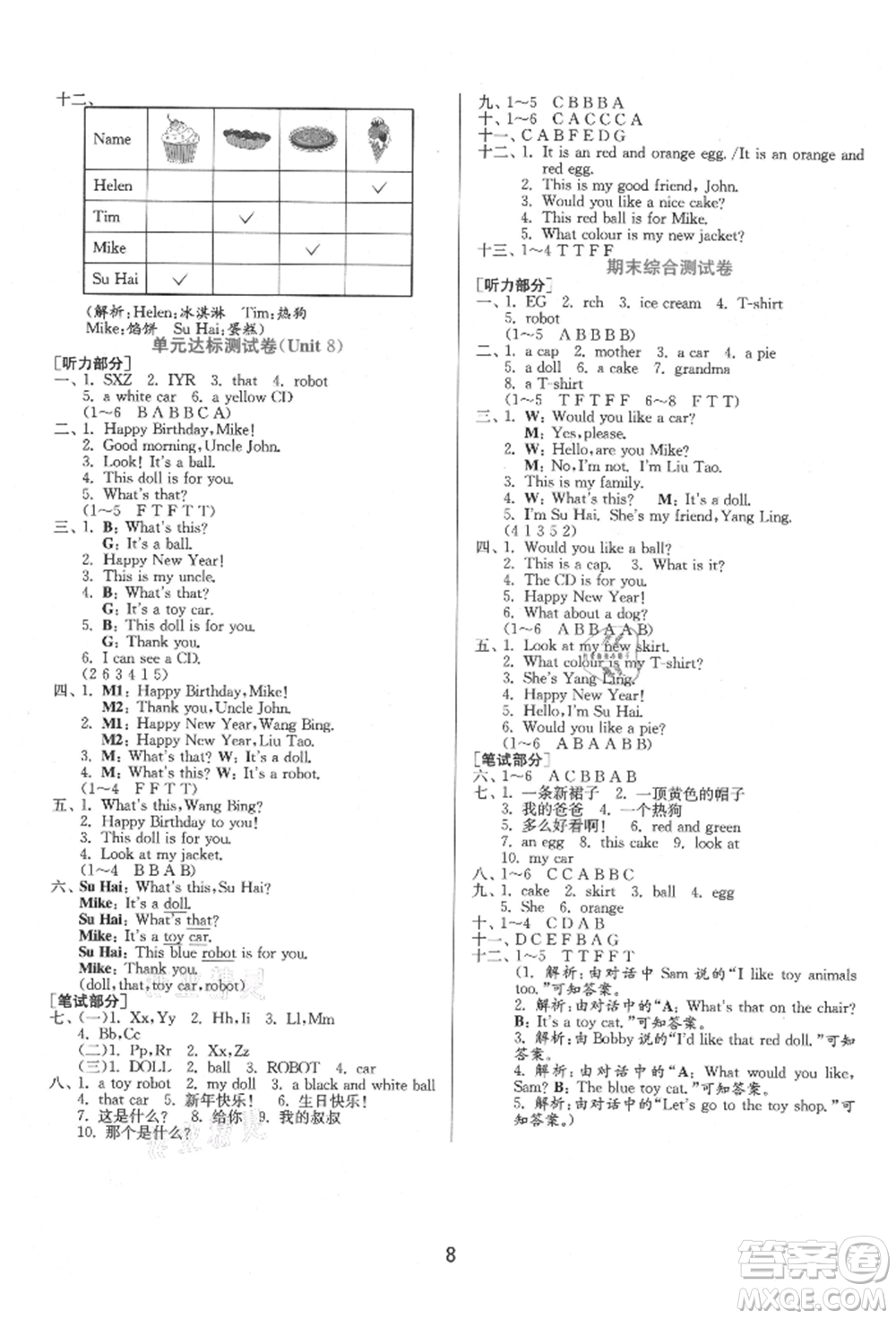 江蘇人民出版社2021年1課3練單元達(dá)標(biāo)測試三年級起點(diǎn)三年級英語上冊譯林版參考答案