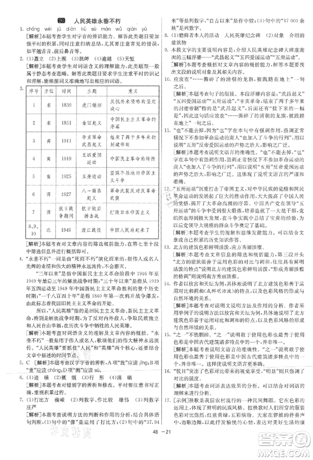 江蘇人民出版社2021年1課3練單元達(dá)標(biāo)測(cè)試八年級(jí)上冊(cè)語(yǔ)文人教版參考答案