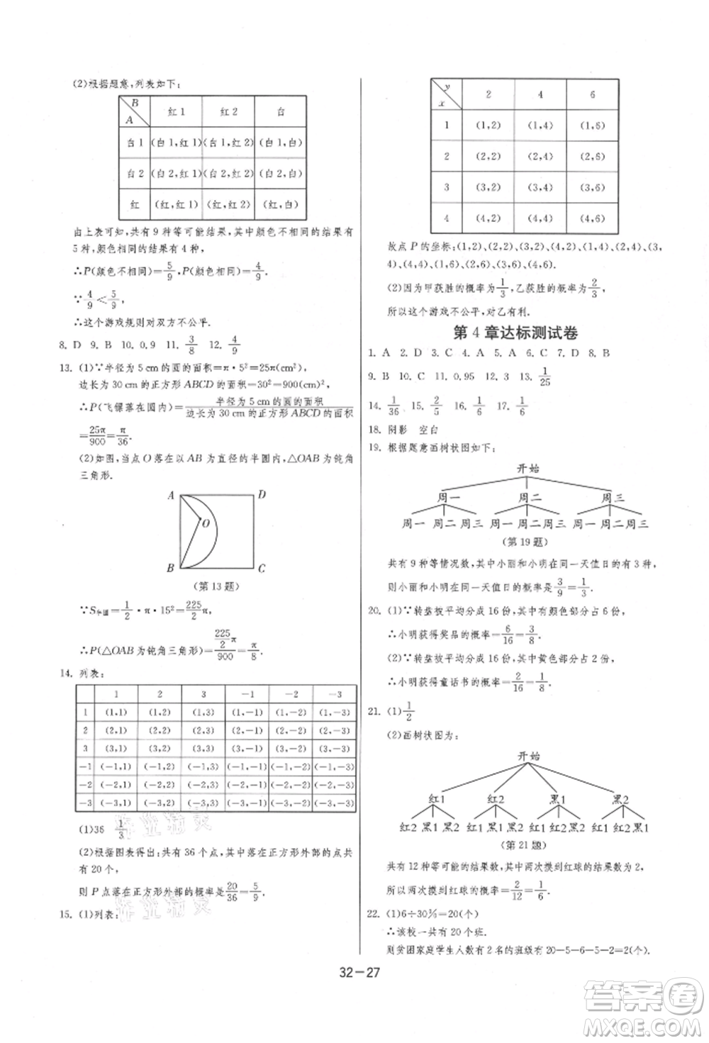 江蘇人民出版社2021年1課3練單元達標測試九年級數(shù)學上冊蘇科版參考答案