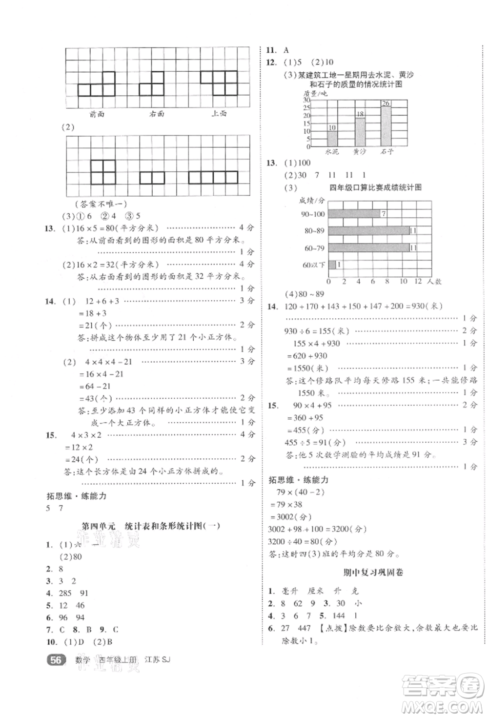 天津人民出版社2021全品小復(fù)習(xí)四年級數(shù)學(xué)上冊蘇教版江蘇專版參考答案