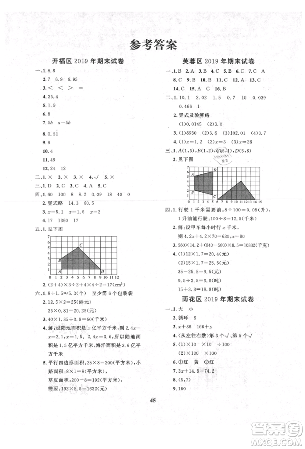 濟南出版社2021黃岡360度定制課時五年級數(shù)學(xué)上冊人教版湖南專版參考答案