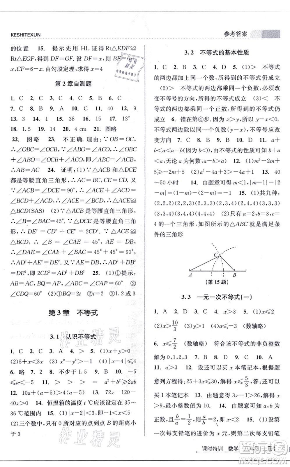 浙江人民出版社2021課時特訓(xùn)八年級數(shù)學(xué)上冊Z浙教版答案