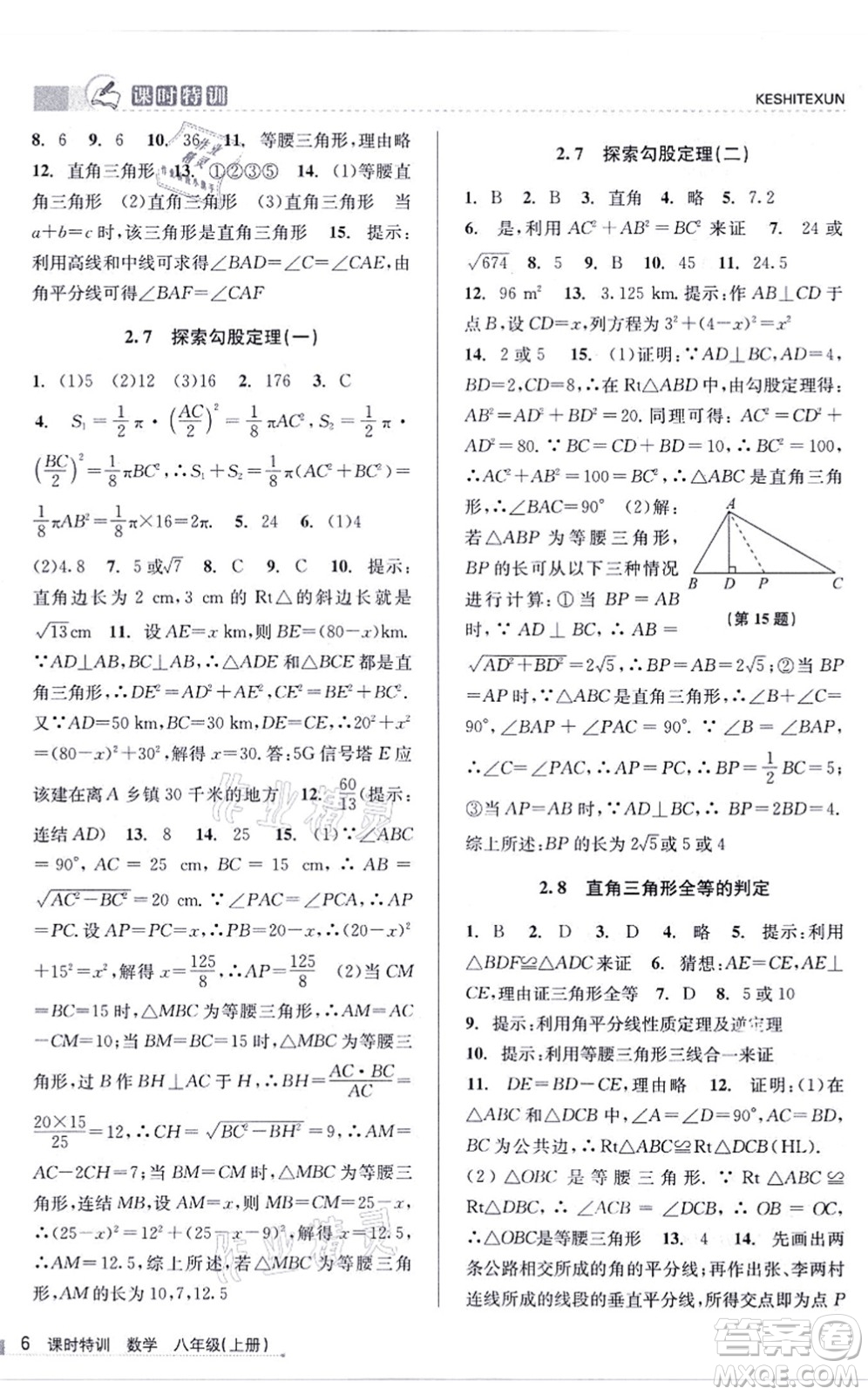 浙江人民出版社2021課時特訓(xùn)八年級數(shù)學(xué)上冊Z浙教版答案