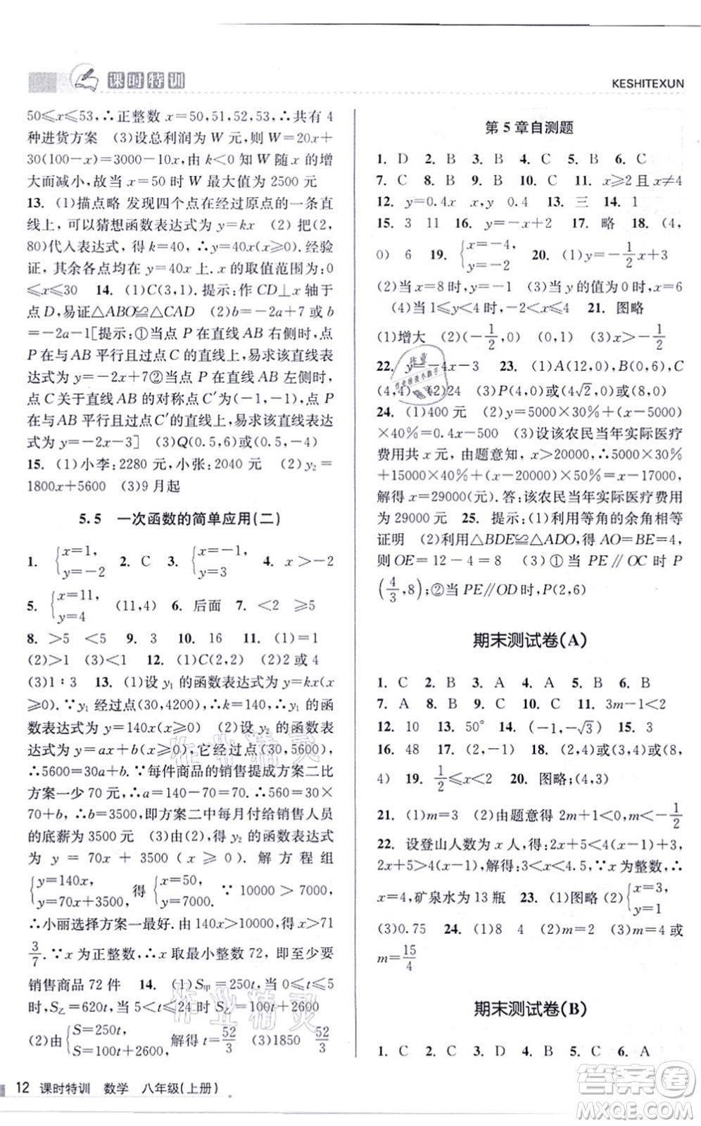 浙江人民出版社2021課時特訓(xùn)八年級數(shù)學(xué)上冊Z浙教版答案