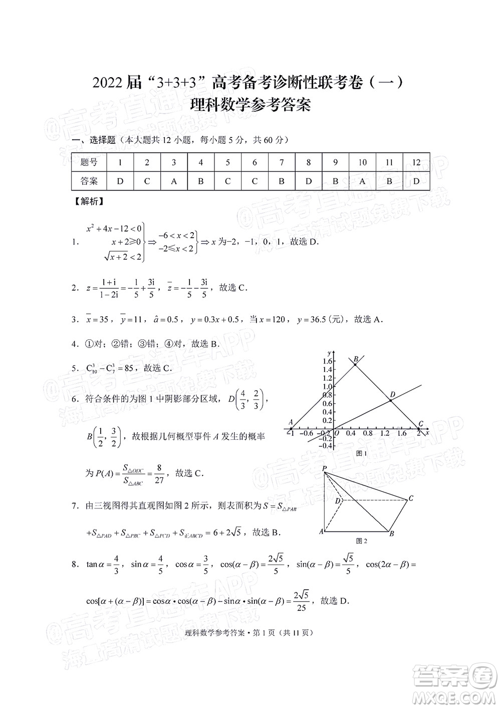 2022屆3+3+3高考備考診斷性聯(lián)考卷一理科數(shù)學(xué)試題及答案