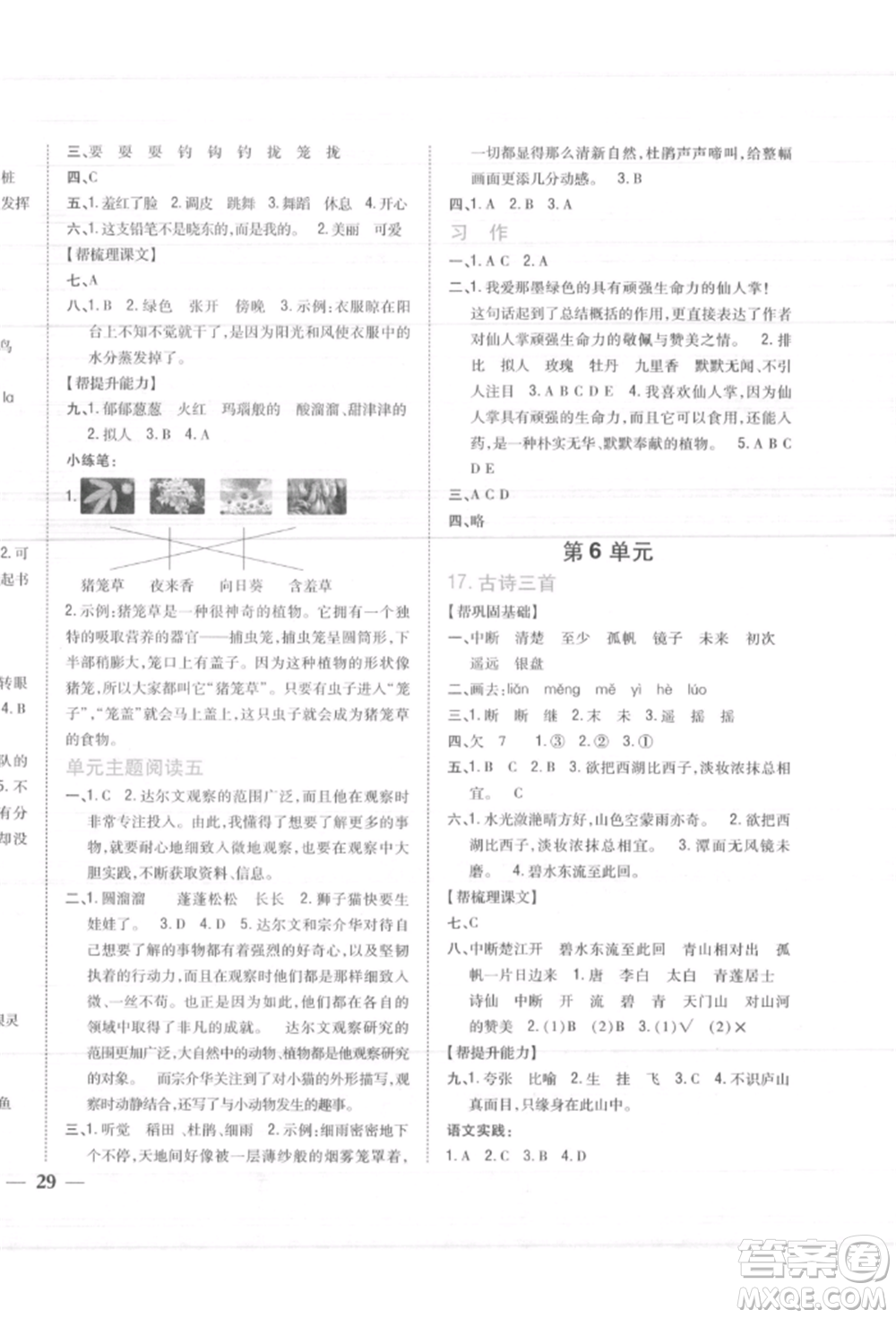 吉林人民出版社2021小學(xué)題幫三年級(jí)語(yǔ)文上冊(cè)人教版參考答案