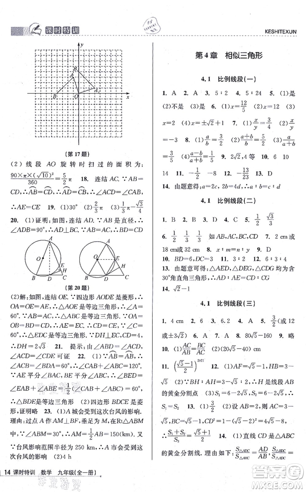 浙江人民出版社2021課時(shí)特訓(xùn)九年級(jí)數(shù)學(xué)全一冊(cè)Z浙教版答案