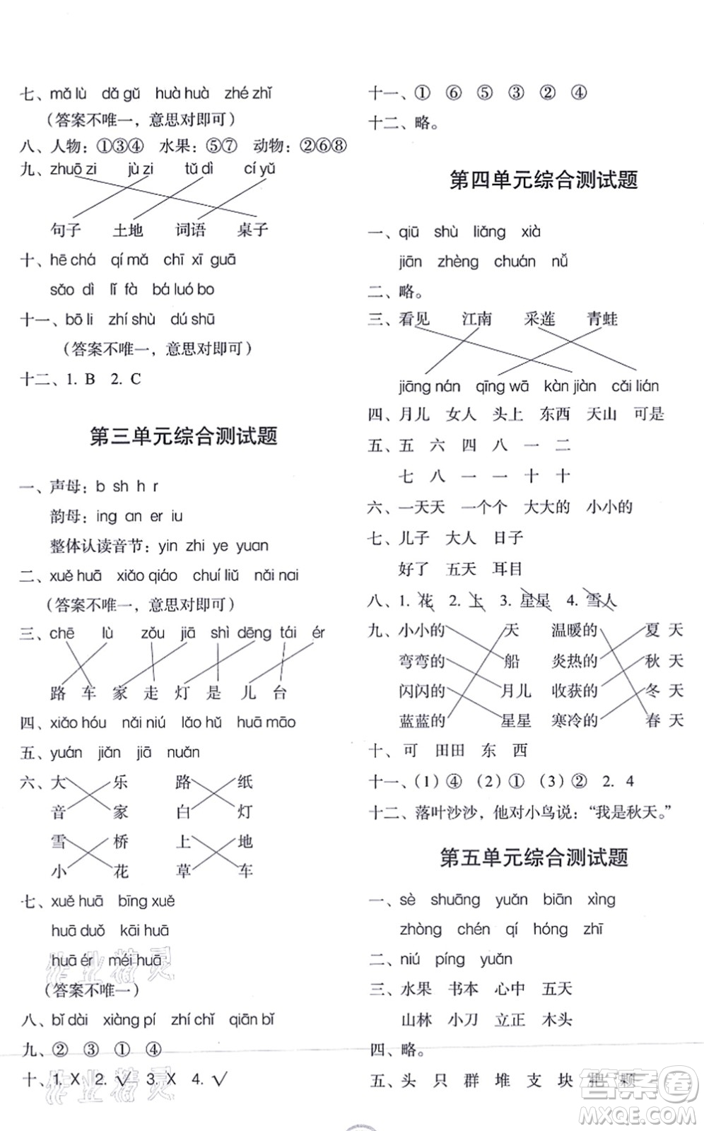 長春出版社2021小學(xué)生隨堂同步練習(xí)一年級語文上冊人教版答案