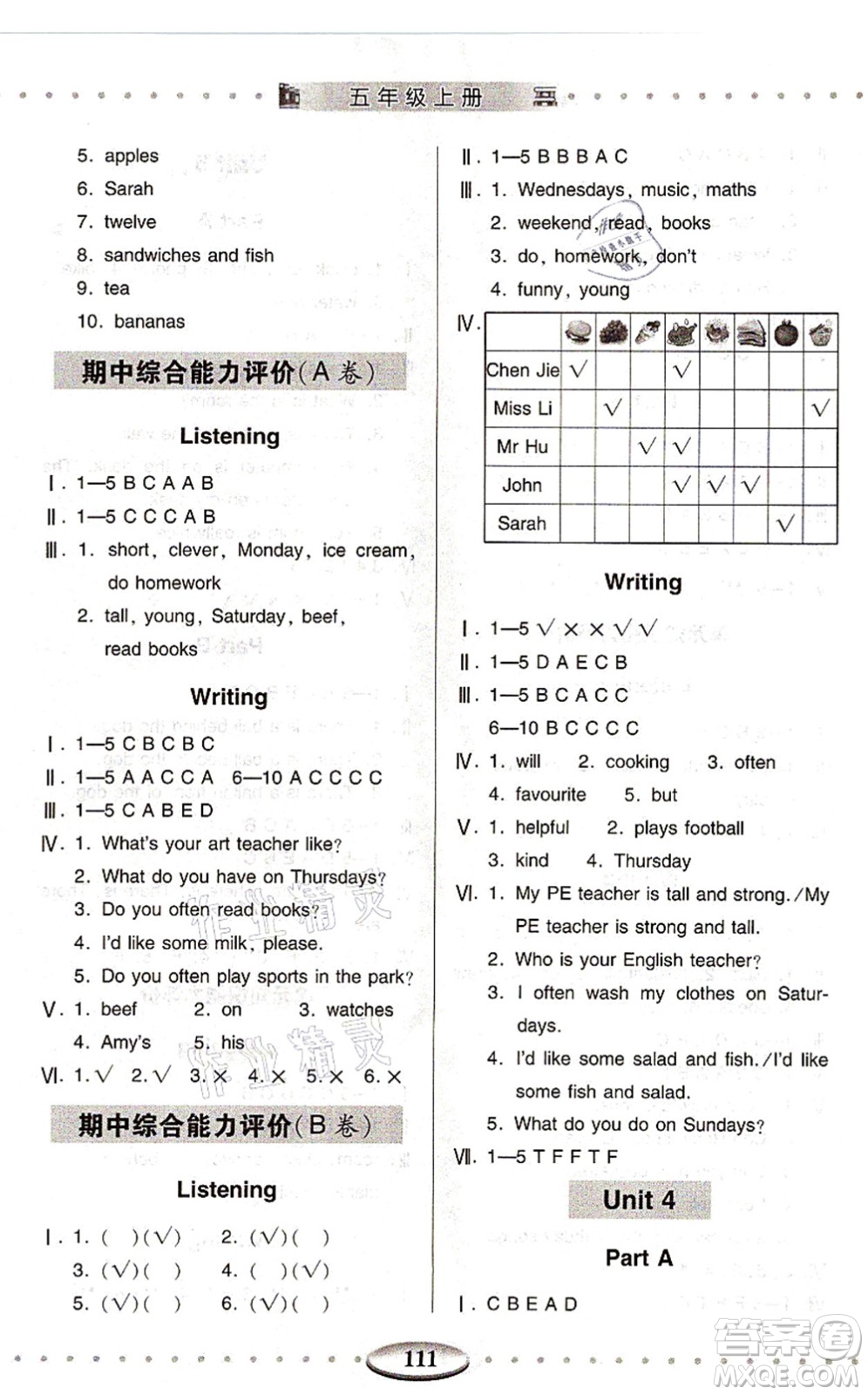 青島出版社2021智慧學習五年級英語上冊人教版答案