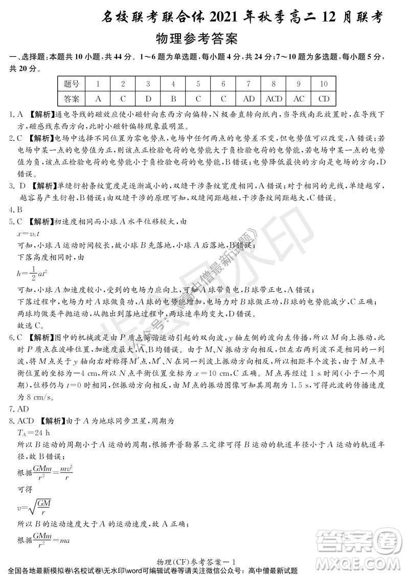 湖南名校聯(lián)考聯(lián)合體2021年秋季高二12月大聯(lián)考物理試題及答案