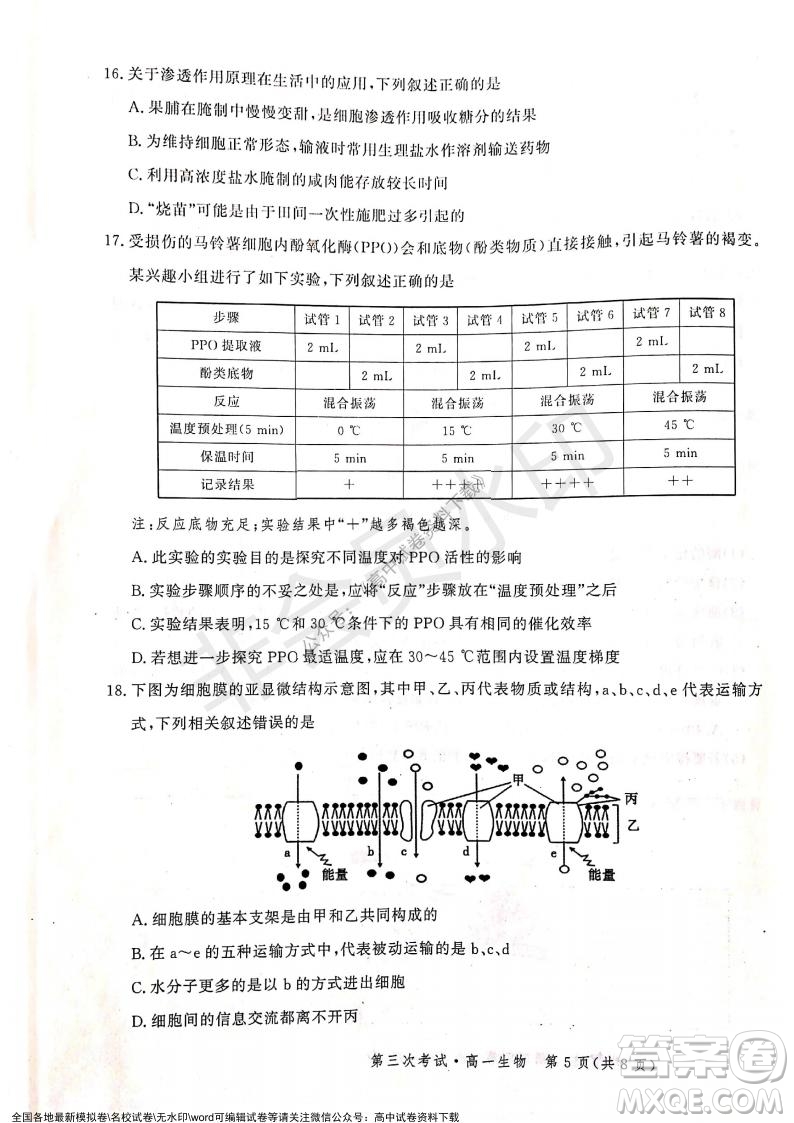 河北部分學校2021-2022上學期第三次月考高一生物試題及答案