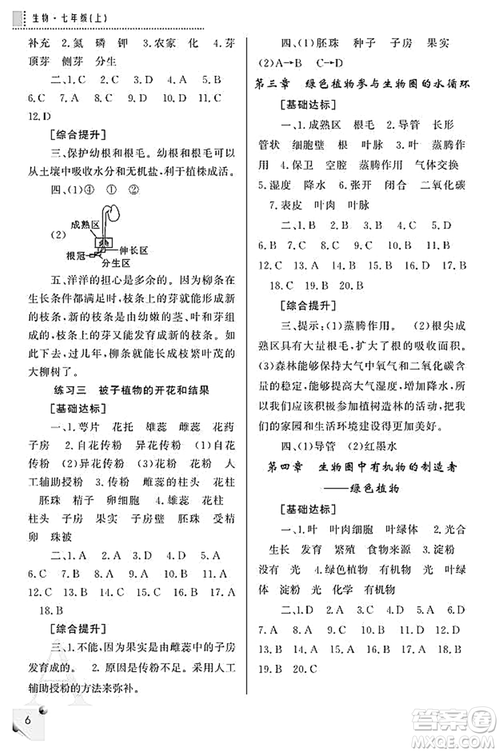 陜西師范大學(xué)出版總社2021課堂練習(xí)冊七年級生物上冊A人教版答案