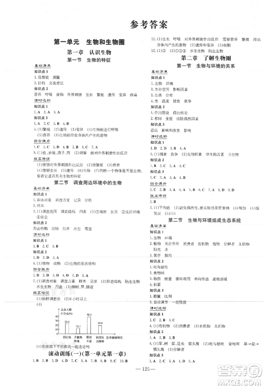 吉林教育出版社2021練案課時作業(yè)本七年級生物學上冊人教版參考答案