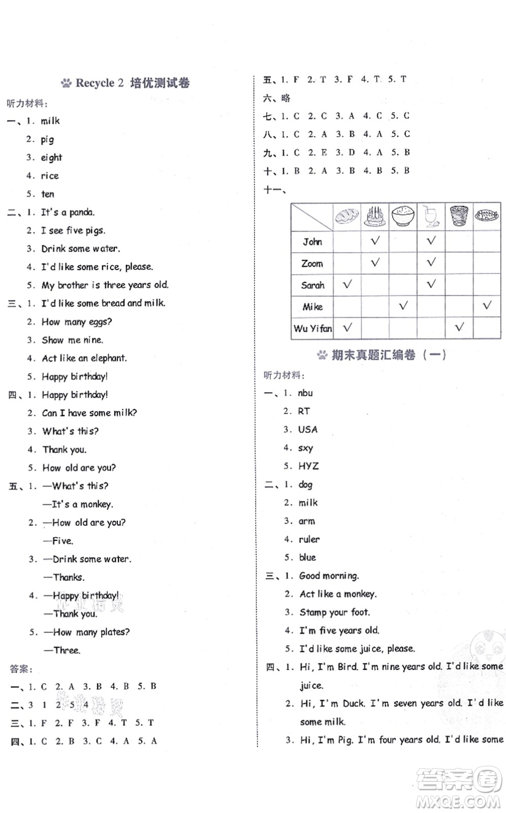 吉林教育出版社2021榮德基好卷三年級英語上冊PEP版答案