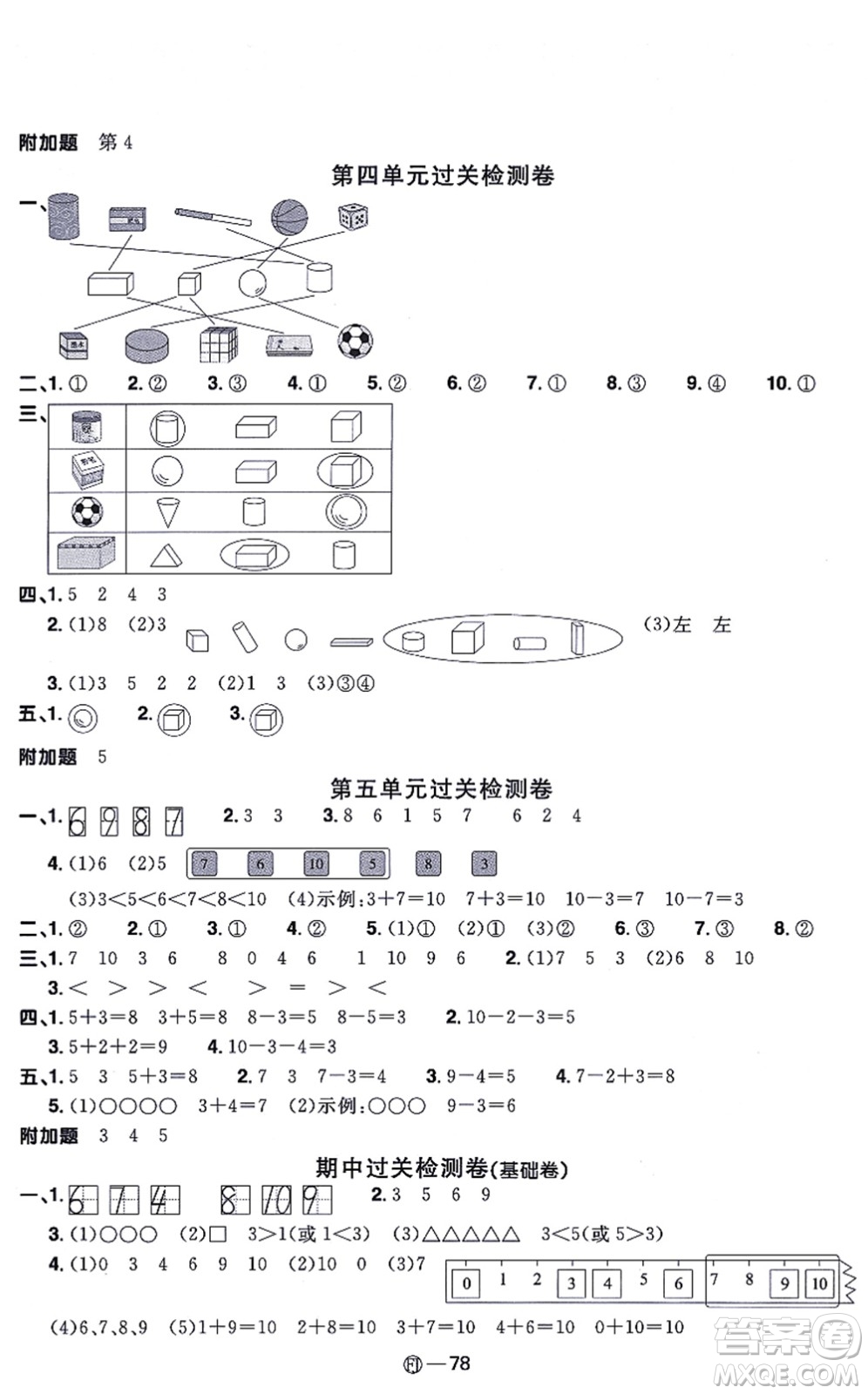 福建少年兒童出版社2021陽光同學(xué)一線名師全優(yōu)好卷一年級(jí)數(shù)學(xué)上冊(cè)RJ人教版福建專版答案