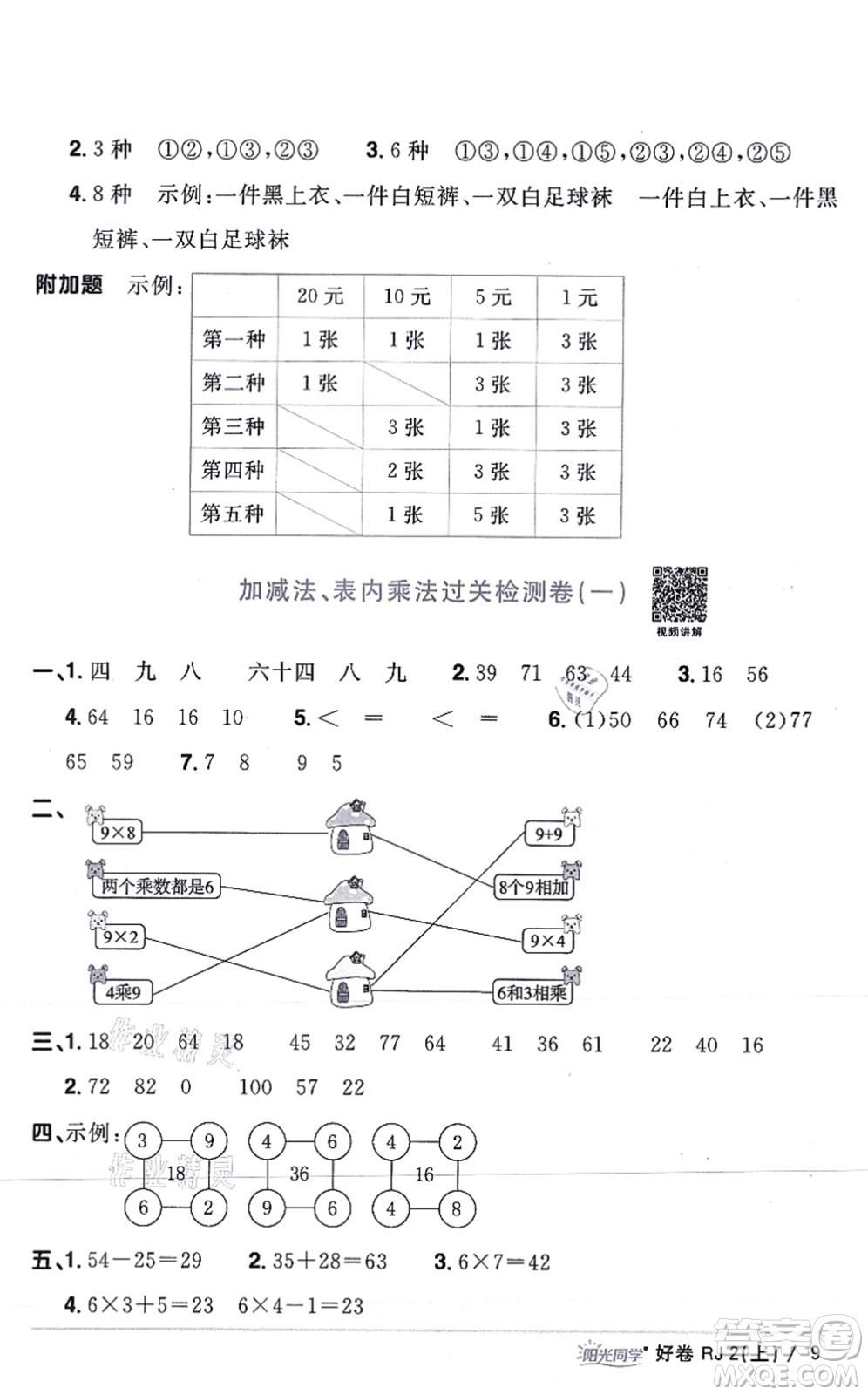 江西教育出版社2021陽光同學(xué)一線名師全優(yōu)好卷二年級數(shù)學(xué)上冊RJ人教版答案