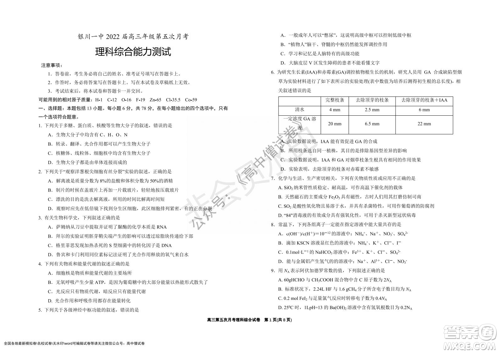 銀川一中2022屆高三年級(jí)第五次月考理科綜合試題及答案